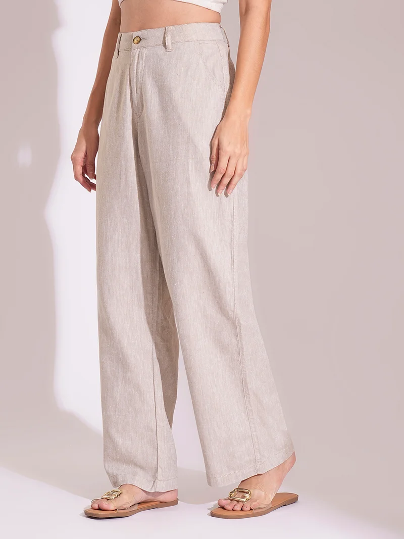 globus Women Natural Cotton High-Rise Wide Leg Formal Trousers