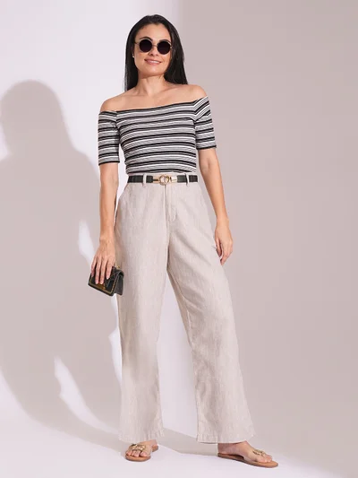 globus Women Natural Cotton High-Rise Wide Leg Formal Trousers
