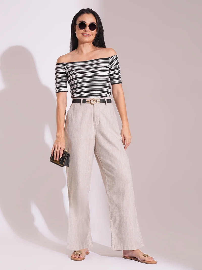 globus Women Natural Cotton High-Rise Wide Leg Formal Trousers