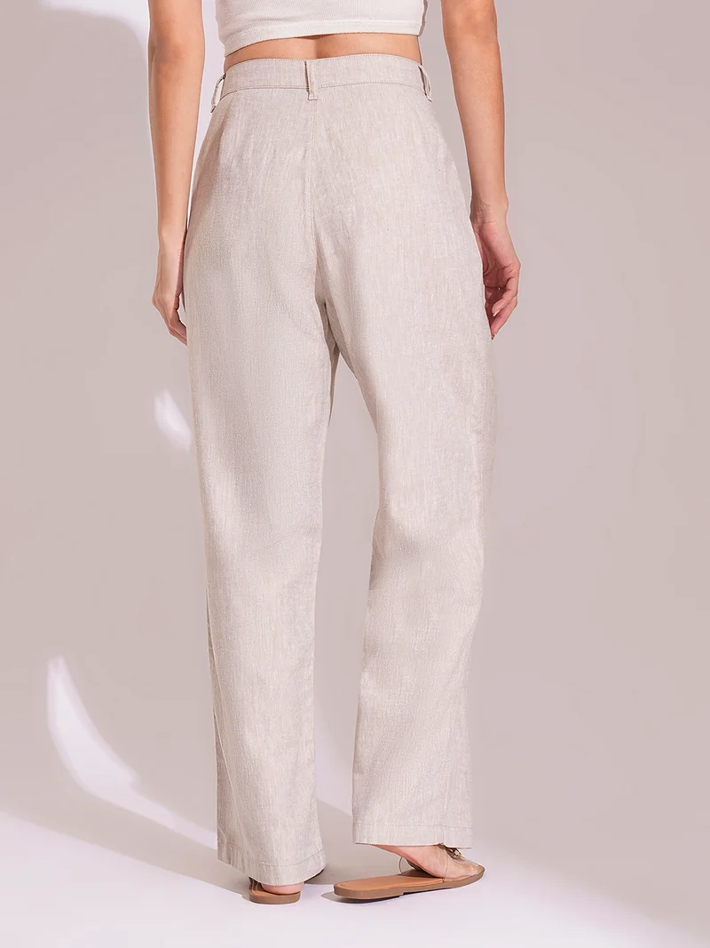 globus Women Natural Cotton High-Rise Wide Leg Formal Trousers