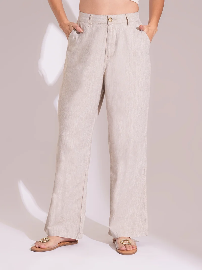 globus Women Natural Cotton High-Rise Wide Leg Formal Trousers