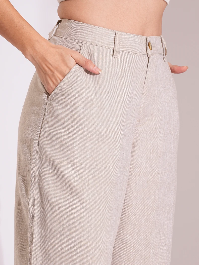 globus Women Natural Cotton High-Rise Wide Leg Formal Trousers