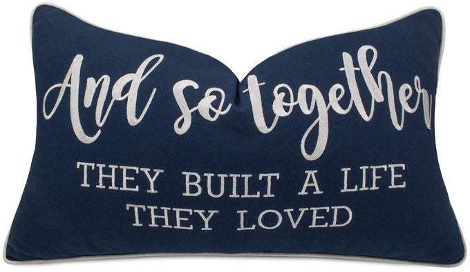 ROMANTIC COUPLE LOVE SENTIMENT EMBROIDERED DECORATIVE SAYINGS LUMBAR ACCENT THROW PILLOWCASE AND SO TOGETHER PHRASE DECOR FOR WEDDING ANNIVERSARY VALENTINE 12X20 INCHES NAVY BLUE