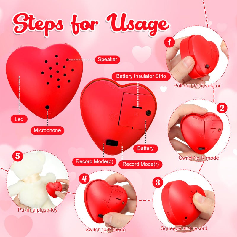Copkim 6 Pcs 20 Seconds Valentine's Voice Recorder for Stuffed Animal Heart Shape Sound Recorder Push Button Recordable Device Sound Module for Gift Recording Voice Message (Red, White, Pink) - Image 3