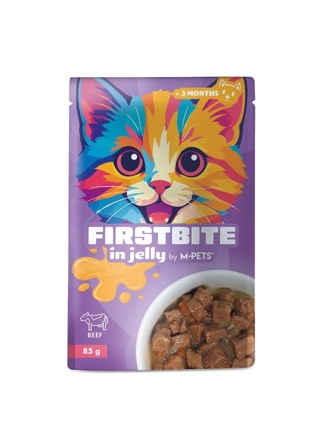 أم-بيتس أكياس طعام رطب للقطط من إم-بيتس فيرست بايت بنكهة لحم البقر في الجيلي، 12 كيس × 85 غرام - Image 1