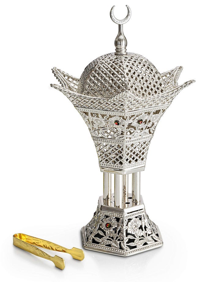 AM Bakhoor Charcoal Incense Burner Luxury Gold Frankincense Resin Burner for Oud Bakhoor Incense Sticks Cones Decorative Metal Holder with Removable Lid Safe Fle Control Silver