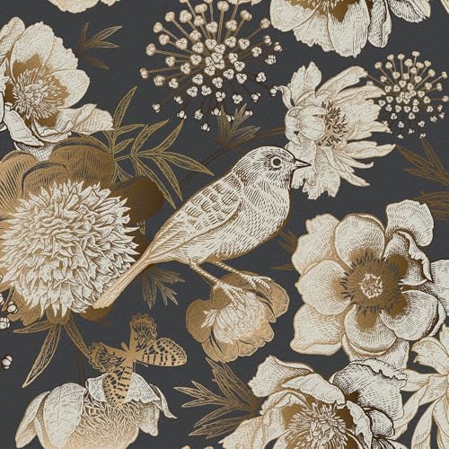 Wallercity Golden/Black Peony Peel and Stick Floral Wallpaper Vintage Floral Contact Paper for Cabinets and Drawers Vinyl Self Adhesive Removable Vintage Wallpaper for Bedroom Shelf Liner 17.5''x102'' - Image 1