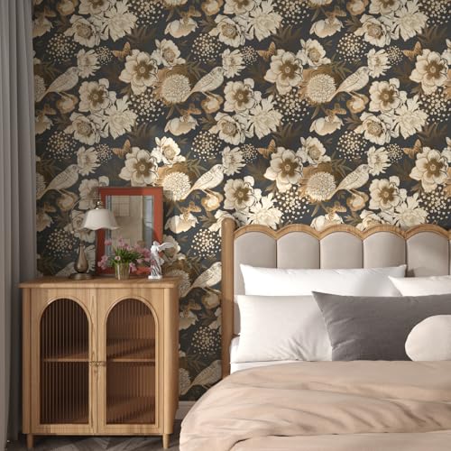 Wallercity Golden/Black Peony Peel and Stick Floral Wallpaper Vintage Floral Contact Paper for Cabinets and Drawers Vinyl Self Adhesive Removable Vintage Wallpaper for Bedroom Shelf Liner 17.5''x102'' - Image 2
