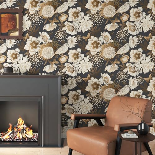 Wallercity Golden/Black Peony Peel and Stick Floral Wallpaper Vintage Floral Contact Paper for Cabinets and Drawers Vinyl Self Adhesive Removable Vintage Wallpaper for Bedroom Shelf Liner 17.5''x102'' - Image 3