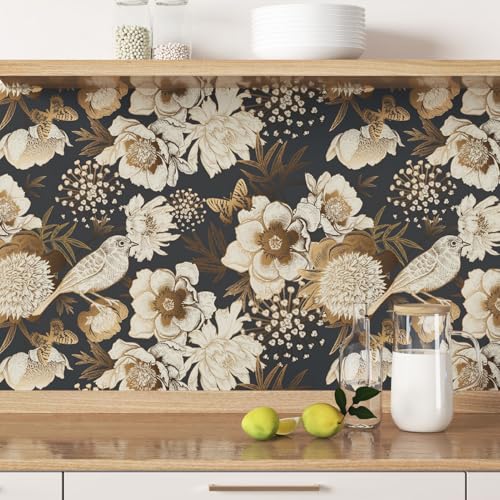 Wallercity Golden/Black Peony Peel and Stick Floral Wallpaper Vintage Floral Contact Paper for Cabinets and Drawers Vinyl Self Adhesive Removable Vintage Wallpaper for Bedroom Shelf Liner 17.5''x102'' - Image 4