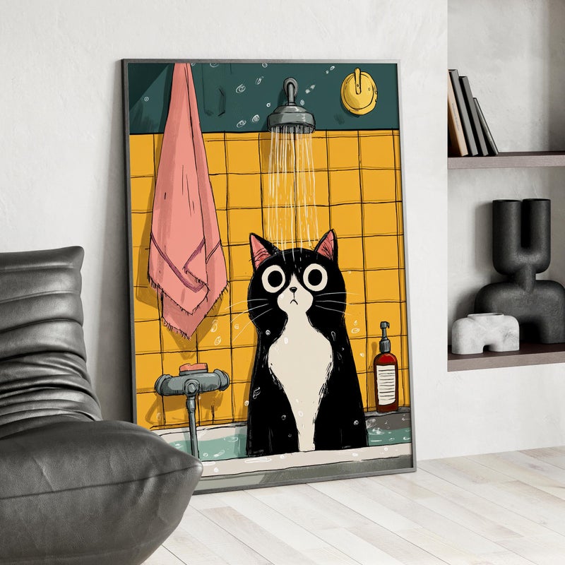TNESSENTIAL Funny Black Cat in Bathtub Wall Art Poster or Canvas Print, Cute Tabby Cat Illustration Bathroom Art Quirky Toilet Humor Art, Cat Lover Gift - Image 1