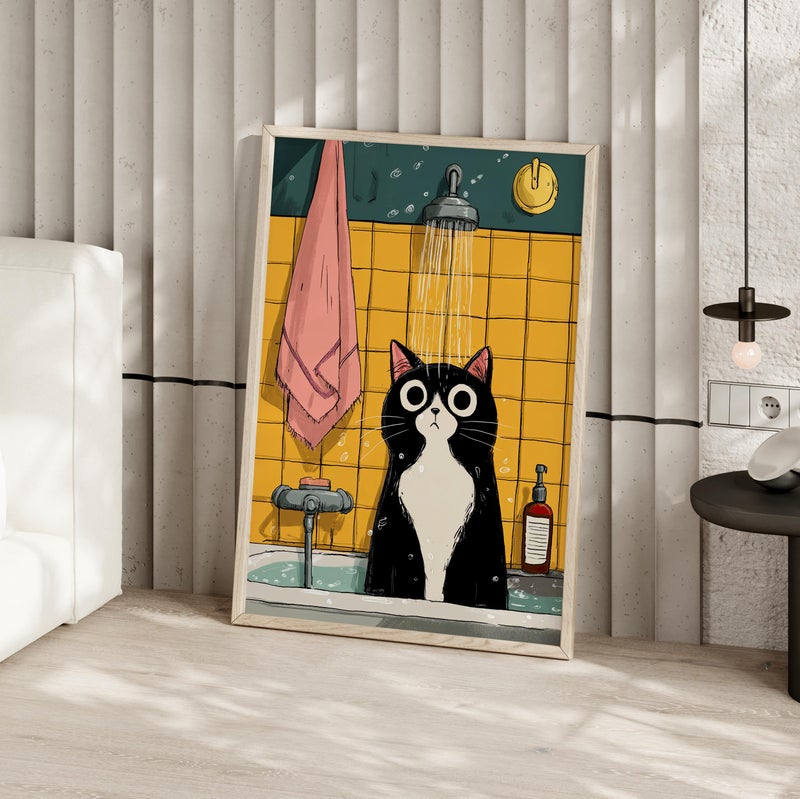 TNESSENTIAL Funny Black Cat in Bathtub Wall Art Poster or Canvas Print, Cute Tabby Cat Illustration Bathroom Art Quirky Toilet Humor Art, Cat Lover Gift - Image 3