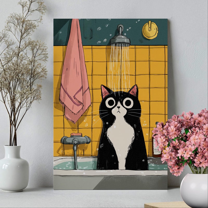 TNESSENTIAL Funny Black Cat in Bathtub Wall Art Poster or Canvas Print, Cute Tabby Cat Illustration Bathroom Art Quirky Toilet Humor Art, Cat Lover Gift - Image 5