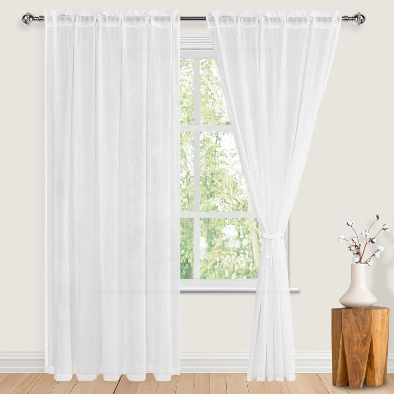 JIUZHEN JIUZHEN OffWhite Linen Sheer Curtains 84 inch Length 2 Panels Set with Tiebacks Rod Pocket Privacy Light Filtering Textured Semi Sheer Drapes for Living RoomBedroomW 52 x L 84 