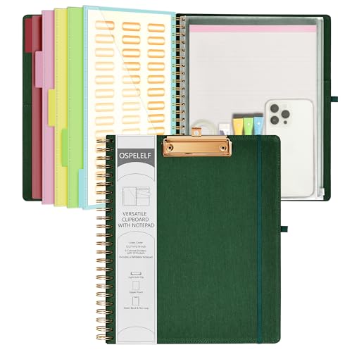 Ospelelf Foldable Spiral Clipboard Folio with Storage Zipper Pouch, 5 Plastic Folders with 10 Pockets,Refillable Lined Notepad (11" x 8.5"), Hardcover Project Organizer with 39 Stickers (Dark Green) - Image 1