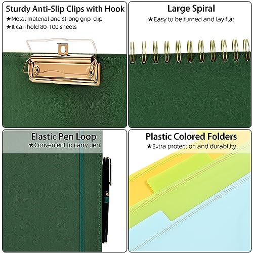 Ospelelf Foldable Spiral Clipboard Folio with Storage Zipper Pouch, 5 Plastic Folders with 10 Pockets,Refillable Lined Notepad (11" x 8.5"), Hardcover Project Organizer with 39 Stickers (Dark Green) - Image 4