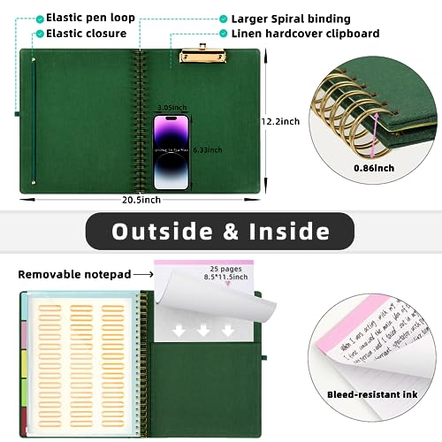 Ospelelf Foldable Spiral Clipboard Folio with Storage Zipper Pouch, 5 Plastic Folders with 10 Pockets,Refillable Lined Notepad (11" x 8.5"), Hardcover Project Organizer with 39 Stickers (Dark Green) - Image 3