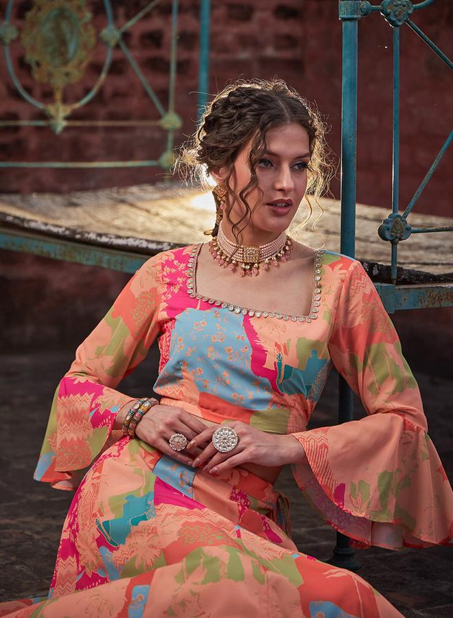 SASSAFRAS Orange All Over Print Crop Top and Anarkali Skirt Co-Ords - Image 3