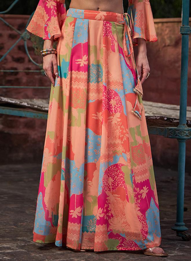 SASSAFRAS Orange All Over Print Crop Top and Anarkali Skirt Co-Ords - Image 4
