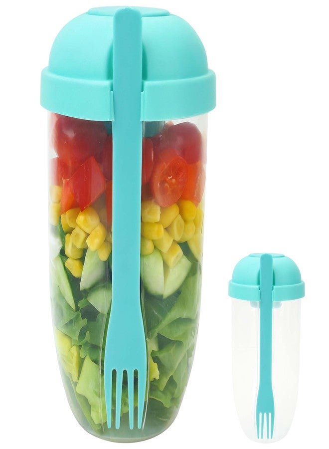 KH866 Salad Shaker Cup Container for Lunch - Portable Fresh Salad Cup Keep Fit Food Dressing Bottle Container, Breakfast Vegetable Fruits Jar Holder to Go Meal for Lunch, Green Pods with Lid and Fork - Image 1