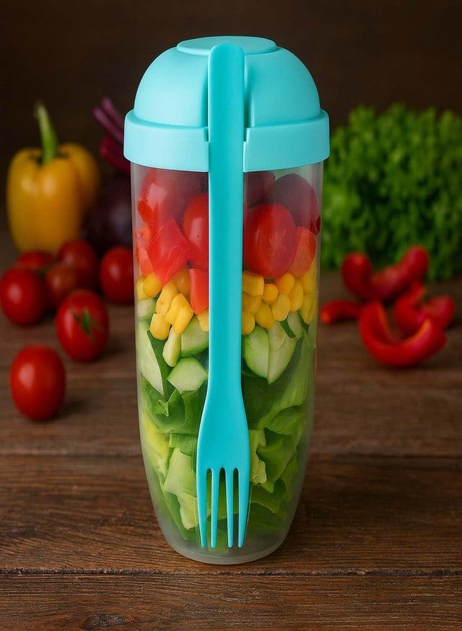 KH866 Salad Shaker Cup Container for Lunch - Portable Fresh Salad Cup Keep Fit Food Dressing Bottle Container, Breakfast Vegetable Fruits Jar Holder to Go Meal for Lunch, Green Pods with Lid and Fork - Image 3