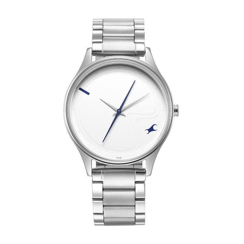 Fastrack Stunners Men Quartz Analog | Minimalist White Dial with Bold Blue Accents | Premium Silver Metal Strap & Unique Off-Center Logo Design - 3290SM01 - Image 1