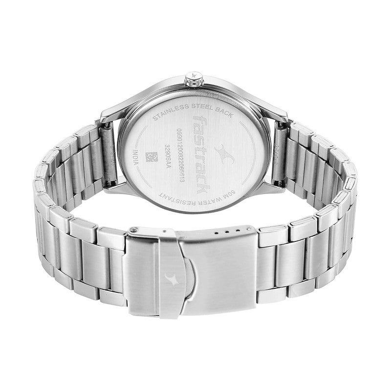 Fastrack Stunners Men Quartz Analog | Minimalist White Dial with Bold Blue Accents | Premium Silver Metal Strap & Unique Off-Center Logo Design - 3290SM01 - Image 5