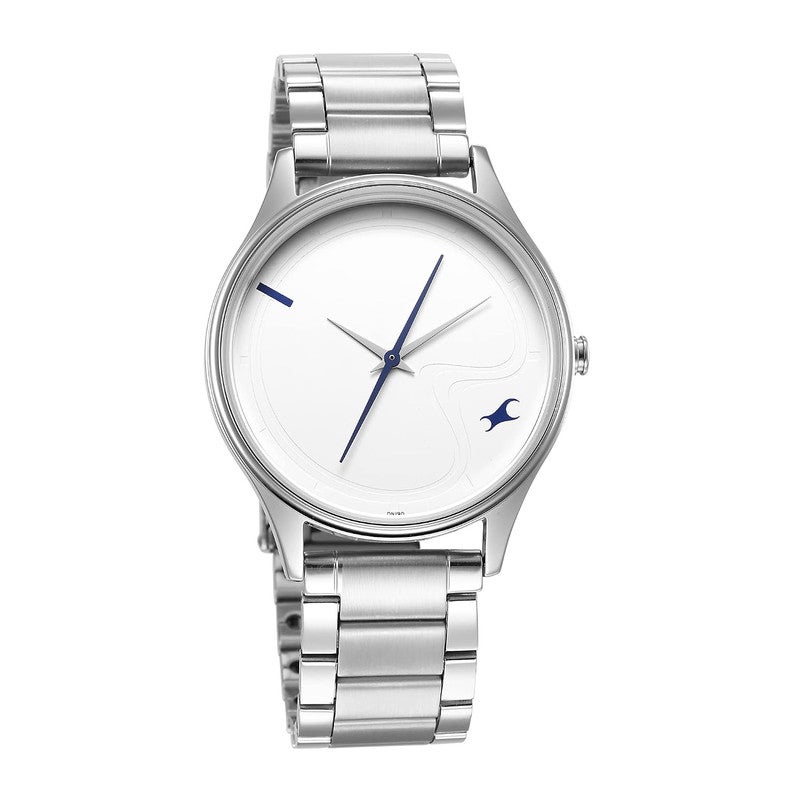 Fastrack Stunners Men Quartz Analog | Minimalist White Dial with Bold Blue Accents | Premium Silver Metal Strap & Unique Off-Center Logo Design - 3290SM01 - Image 3