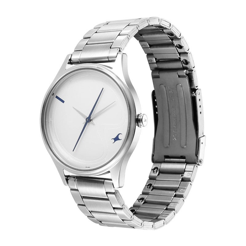 Fastrack Stunners Men Quartz Analog | Minimalist White Dial with Bold Blue Accents | Premium Silver Metal Strap & Unique Off-Center Logo Design - 3290SM01 - Image 4