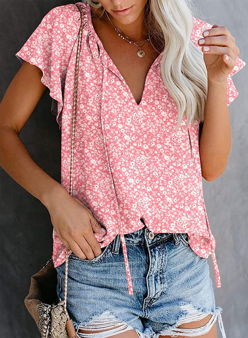 SimpleFun Pink Tops for Women Dressy Casual Ruffle Flowy Sleeve Chiffon Shirt Cute Blouses (Floral14,XL) - Image 2
