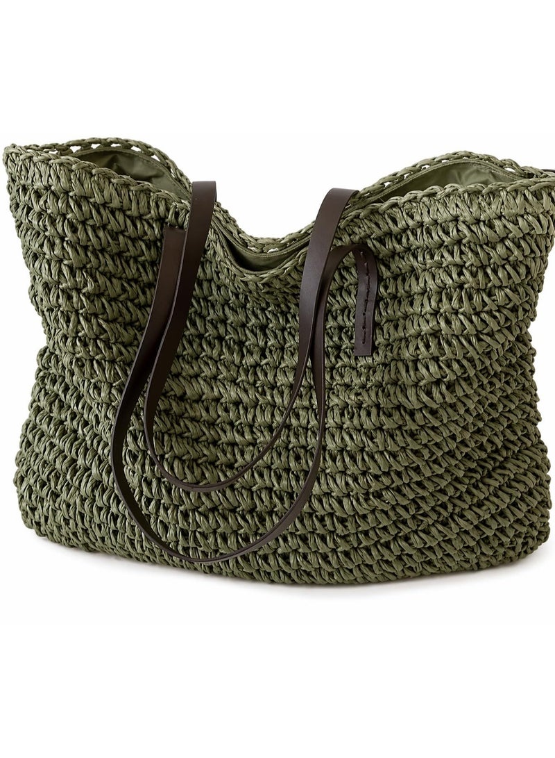 Beach Bags Straw Large Tote with Full Zip & Lining for Women 47x37cm | Beach Bag for Ladies with Zipper Closure | Woven Raffia Beach Tote with PU Leather Shoulder Straps | Summer Shoulder Bag for Women | Large Capacity Travel Tote, Shopping Bag, Vacation Bag, Holiday Bag, Resort Bag | Boho Woven Handbag with Inner Lining | Lightweight Natural Straw Summer Bag | Ladies Handbag | Casual Tote Bag | Pool Bag | Picnic Bag | Weekend Bag | Outdoor Bag | Everyday Carry Bag | Fashion Tote for Women | Beach Accessories | Vacation Essentials | Resort Wear Bag | Ladies Shoulder Bag | Travel Handbag | Large Shopper Tote | Eco Friendly Woven Bag | Lightweight Holiday Tote | Summer Fashion Bag | Women's Beach Carryall | Tablet Tote | Oversized Straw Bag | Elegant Bohemian Handbag, Green - Image 1