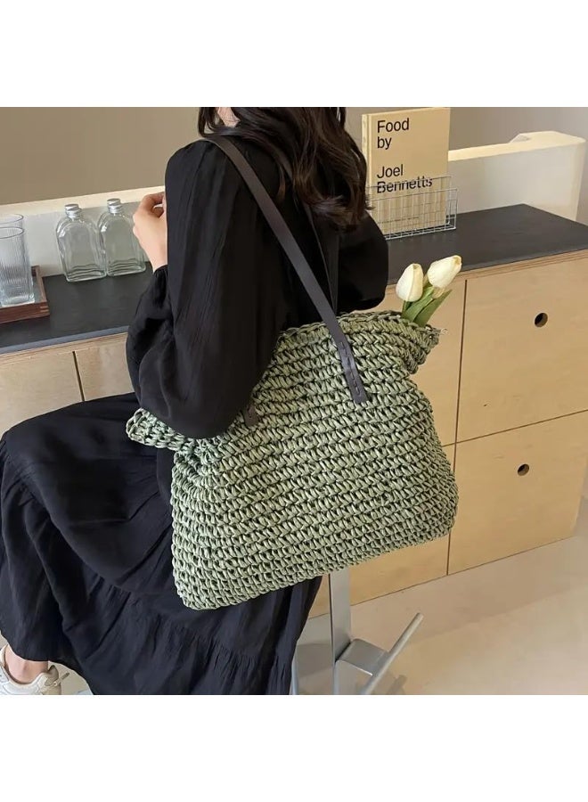 Beach Bags Straw Large Tote with Full Zip & Lining for Women 47x37cm | Beach Bag for Ladies with Zipper Closure | Woven Raffia Beach Tote with PU Leather Shoulder Straps | Summer Shoulder Bag for Women | Large Capacity Travel Tote, Shopping Bag, Vacation Bag, Holiday Bag, Resort Bag | Boho Woven Handbag with Inner Lining | Lightweight Natural Straw Summer Bag | Ladies Handbag | Casual Tote Bag | Pool Bag | Picnic Bag | Weekend Bag | Outdoor Bag | Everyday Carry Bag | Fashion Tote for Women | Beach Accessories | Vacation Essentials | Resort Wear Bag | Ladies Shoulder Bag | Travel Handbag | Large Shopper Tote | Eco Friendly Woven Bag | Lightweight Holiday Tote | Summer Fashion Bag | Women's Beach Carryall | Tablet Tote | Oversized Straw Bag | Elegant Bohemian Handbag, Green - Image 4