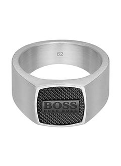 HUGO BOSS Id & Seals Men's Brushed SS Ring With Knurl Texture Black Ip Plate Rings - 1580257M 