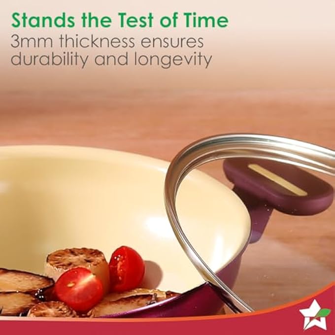 Wonderchef Bellagio Kadhai With Lid  NonStick Ceramic Coating  NonToxic  Pure Aluminium  Pfas And Pfoa Free  3Mm Thickness  TwoTone SoftTouch Handles And Knob  Firm Grip  2 Years Warranty - Image 5