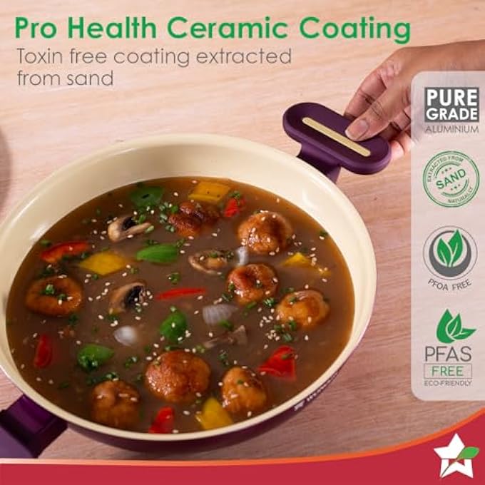 Wonderchef Bellagio Kadhai With Lid  NonStick Ceramic Coating  NonToxic  Pure Aluminium  Pfas And Pfoa Free  3Mm Thickness  TwoTone SoftTouch Handles And Knob  Firm Grip  2 Years Warranty - Image 2