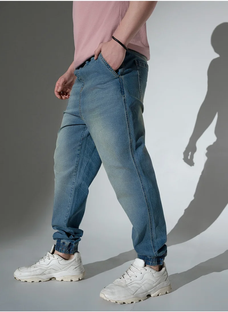 هوبرهولمي Men's Blue Clean Look Light Fade Stretchable Jogger Jeans