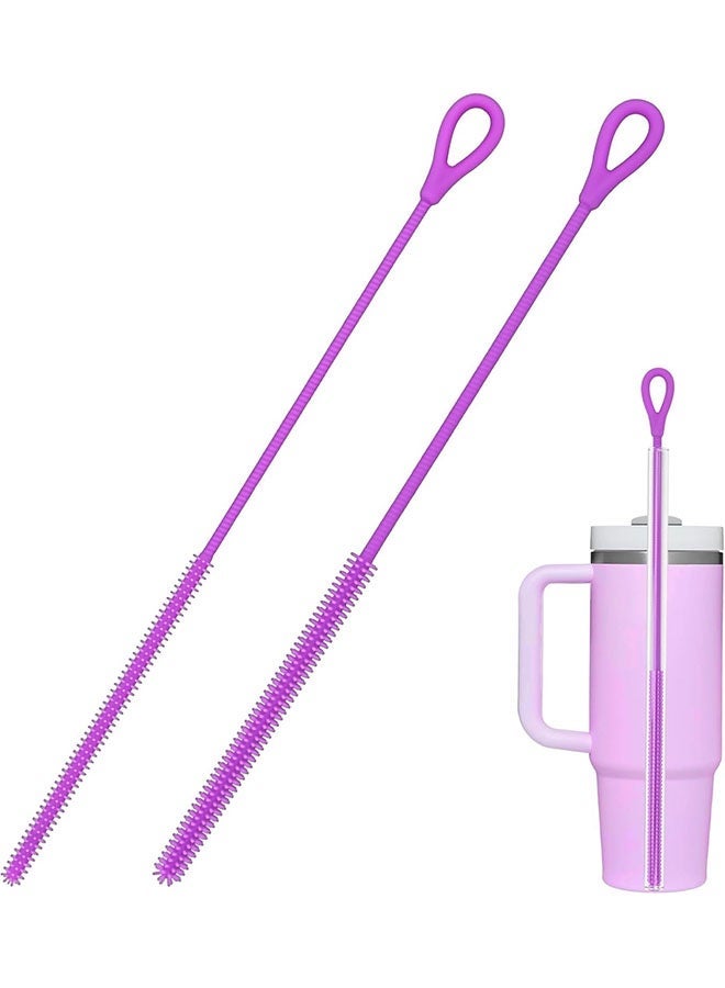 Silicone Straw Cleaner Brush, 2Pcs Straw Cleaner Brush Extra Long, Straw Brush Bristles Cleaner Brush for Cleaning Stanley, Metal Glass Straws, Drink Lid (Purple) - Image 1