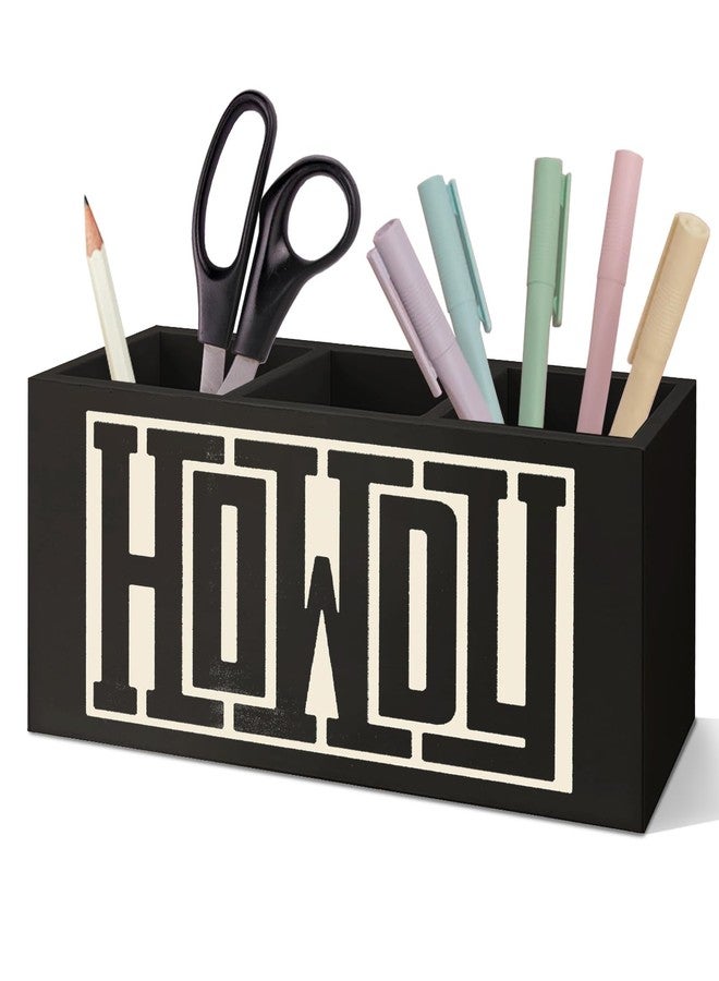 SNNDER Western Office Decor Pen Holder for Desk, Western Gifts for Women Men, Retro Howdy Western Wooden Pen Pencil Holder Organizer for Home Office Desk Accessories - Image 1