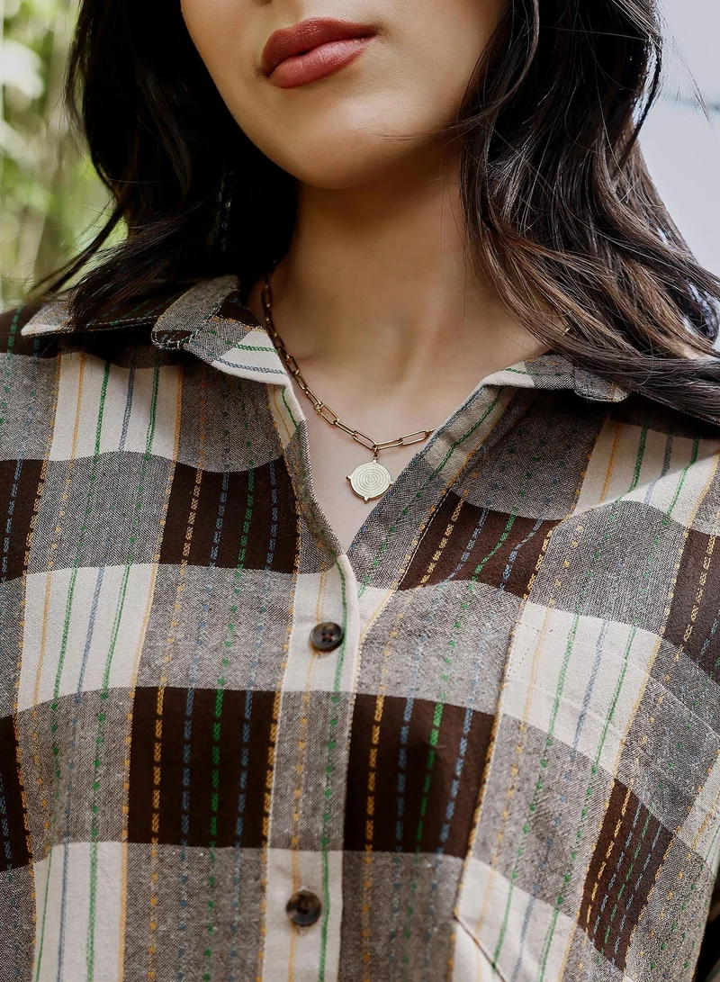 PINACOLADA  Women's Coffee Brown Duo-Jacquard Check Oversized Shirt | نساء | أكمام طويلة | كاروهات | طوق منتشر | كاجوال كبير الحجم | قميص for Women | Best Price UAE