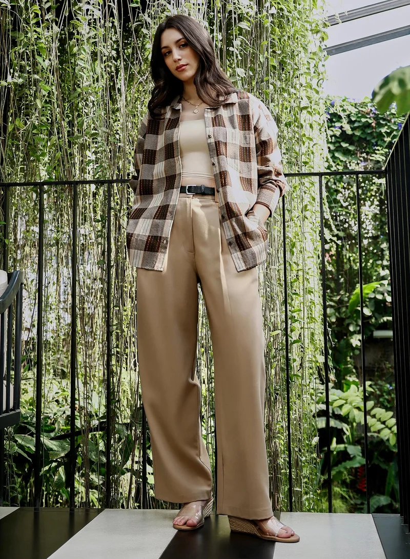 PINACOLADA  Women's Coffee Brown Duo-Jacquard Check Oversized Shirt | نساء | أكمام طويلة | كاروهات | طوق منتشر | كاجوال كبير الحجم | قميص for Women | Best Price UAE