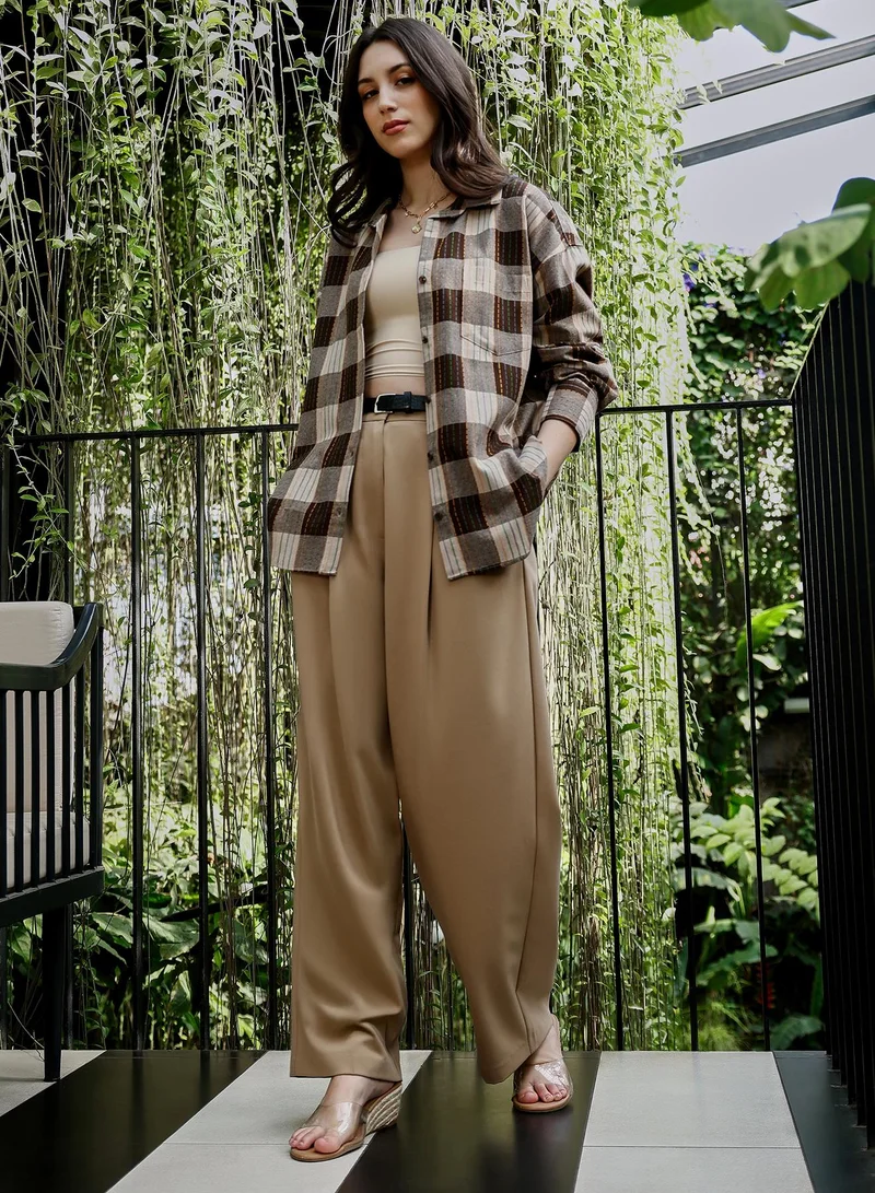 PINACOLADA  Women's Coffee Brown Duo-Jacquard Check Oversized Shirt | نساء | أكمام طويلة | كاروهات | طوق منتشر | كاجوال كبير الحجم | قميص for Women | Best Price UAE