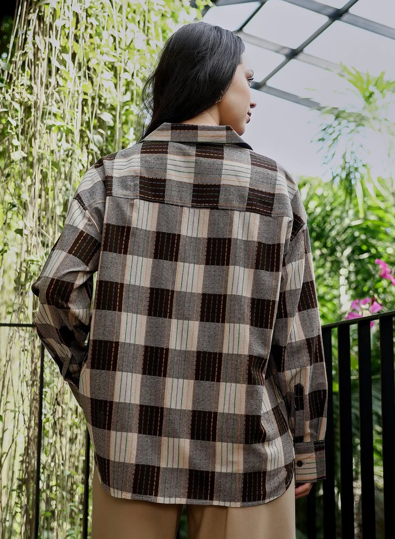 PINACOLADA  Women's Coffee Brown Duo-Jacquard Check Oversized Shirt | نساء | أكمام طويلة | كاروهات | طوق منتشر | كاجوال كبير الحجم | قميص for Women | Best Price UAE
