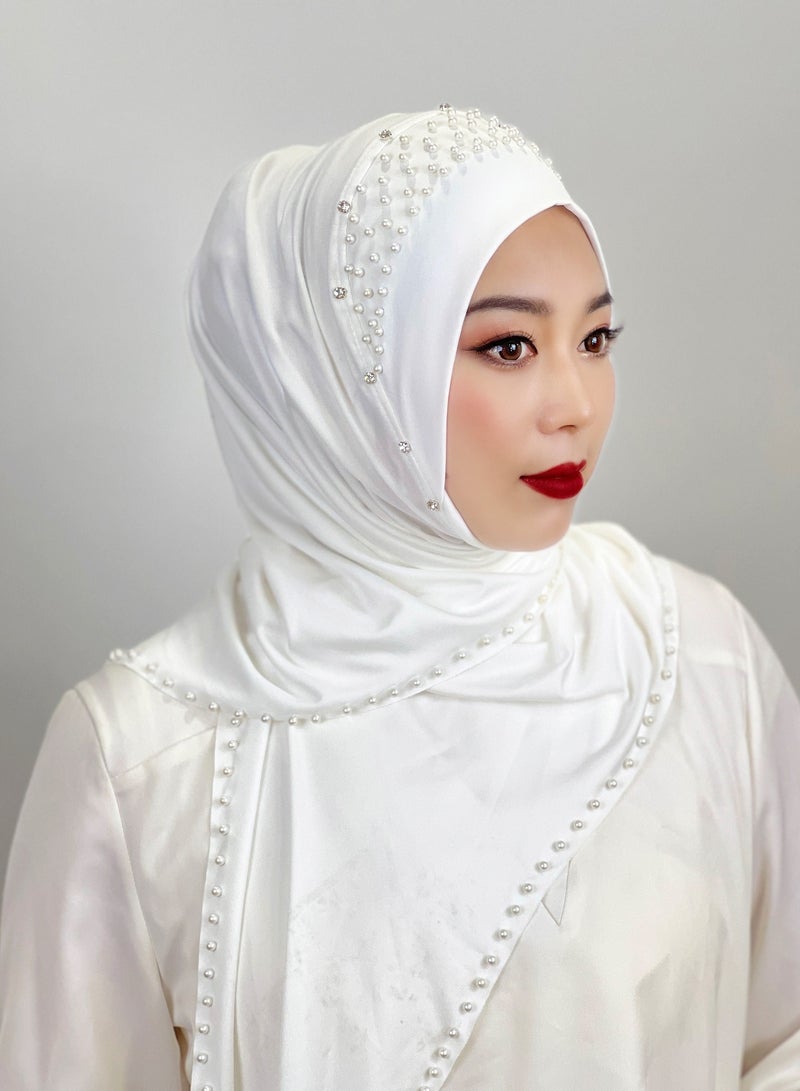 Women Rhinestone Pearl Muslim Head Wrap Plain Color Crystal Muslim Hijab Cap Lightweight One Piece Breathable Head Scarf-white - Image 1