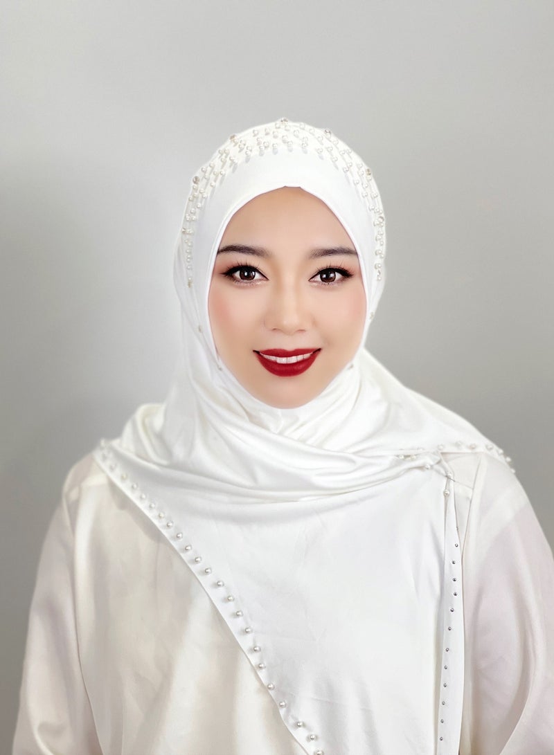 Women Rhinestone Pearl Muslim Head Wrap Plain Color Crystal Muslim Hijab Cap Lightweight One Piece Breathable Head Scarf-white - Image 2