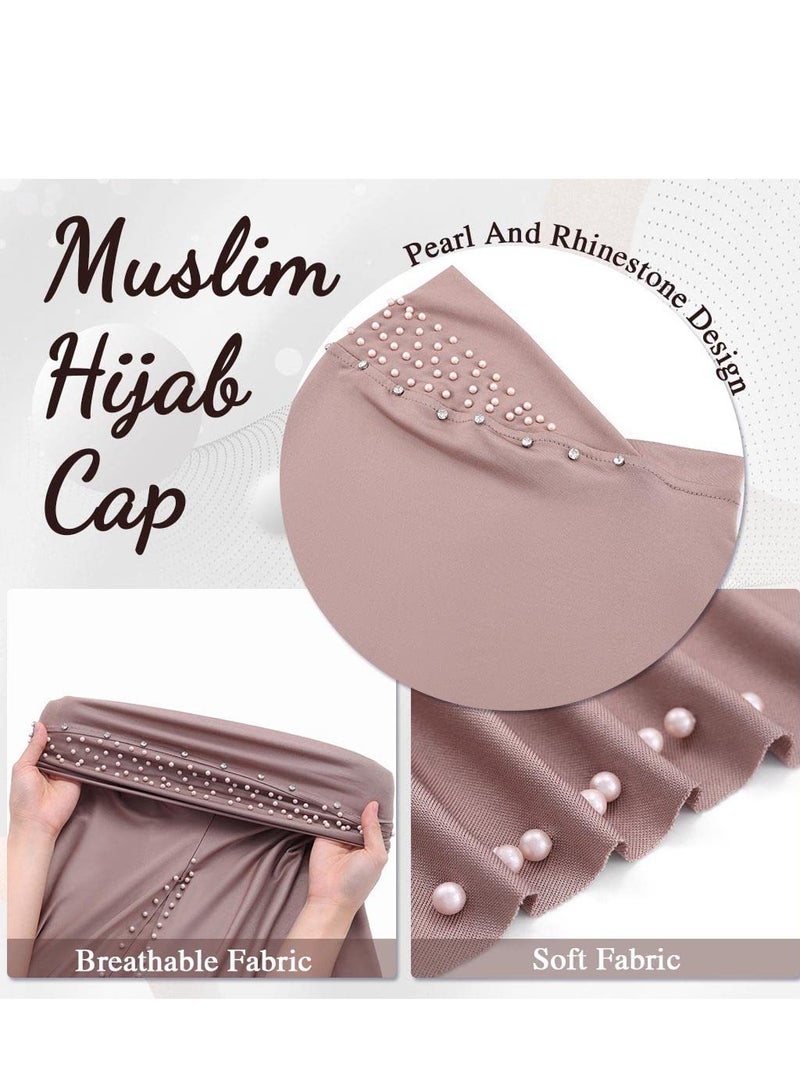 Women Rhinestone Pearl Muslim Head Wrap Plain Color Crystal Muslim Hijab Cap Lightweight One Piece Breathable Head Scarf-white - Image 3