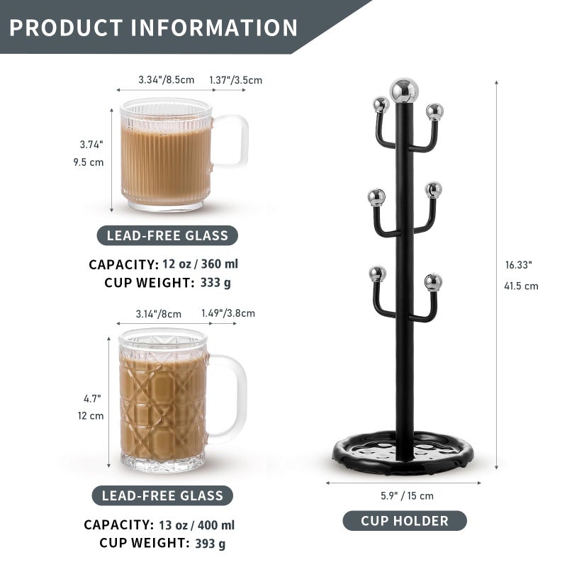 Leijosya 6 High-End Glass Coffee Mugs with Handles and Cup Holders, 12 Ounce Classic Vertical Striped Glass Mugs for Hot and Cold Drinks, American Style, Latte, Cappuccino - Image 4