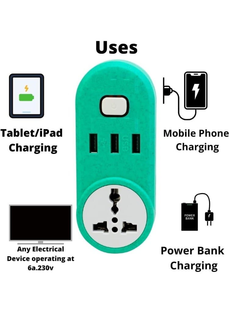 مشترك تمديد الطاقة مع 3 منافذ USB، محول قابس شامل 2500 وات 110-220 فولت، مشترك متعدد المقابس مع مفتاح، شاحن حائط للمنزل والمكتب والسفر - Image 1