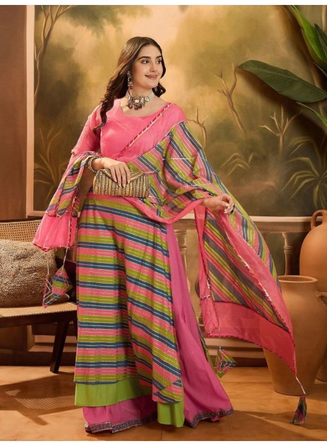 AKS Pink And Green Leheriya Lehenga Choli Set - Image 1