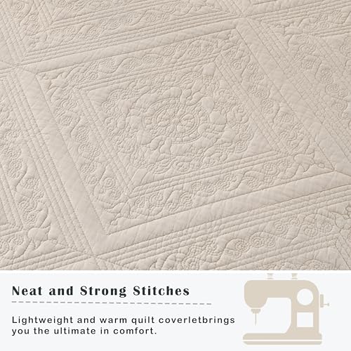 AJOCCI Beige Bedding，Cotton King Size Comforter Set，Geometric Matelasse Quilt Set，Soft Cotton Quilt Solid Color Lightweight Bedspread All Seasons 3 Piece - Image 5