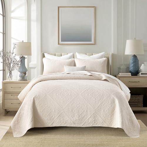 AJOCCI Beige Bedding，Cotton King Size Comforter Set，Geometric Matelasse Quilt Set，Soft Cotton Quilt Solid Color Lightweight Bedspread All Seasons 3 Piece - Image 1